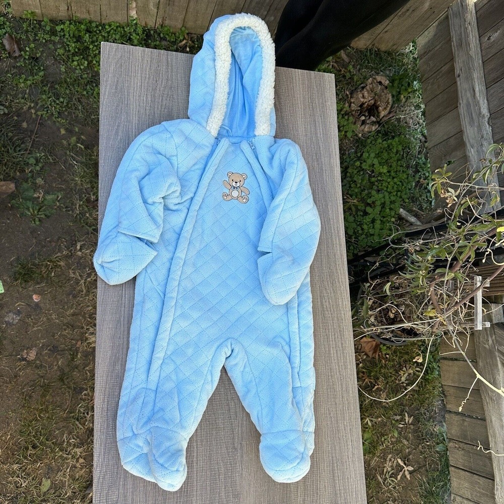 Vintage Wippette Snow Suit Hooded Footie Fleece Lined Baby 6-9 Months Blue Bear